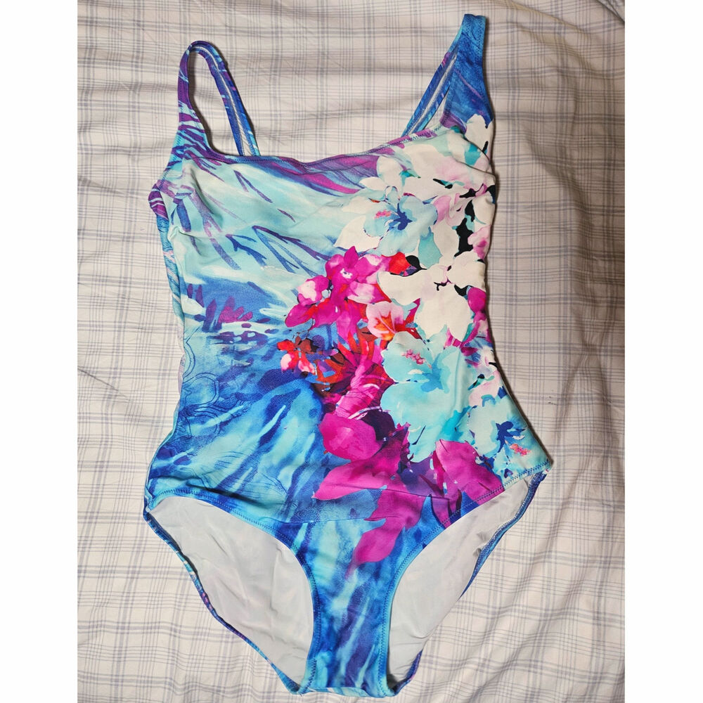 Gottex Square Neck One Piece Swimsuit, Blue Floral, Women's 14